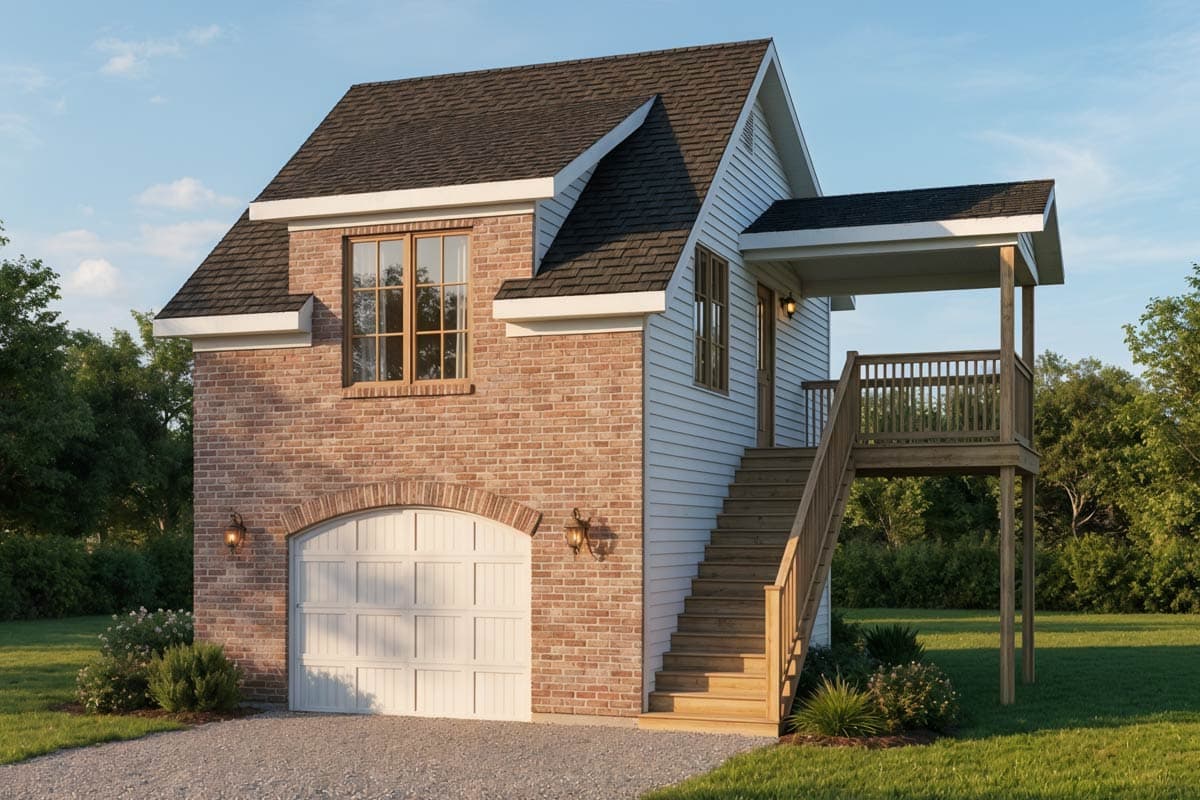 House plan exterior showing a two-story structure with a brick lower level, arched garage door, and a wooden deck with stairs.
