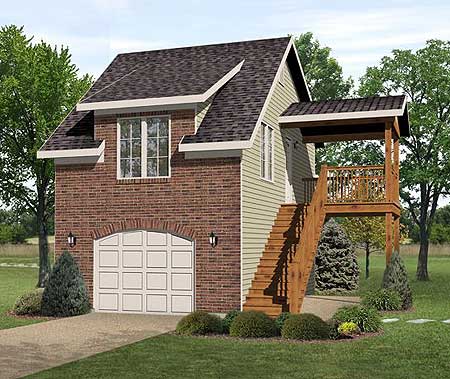 House plan exterior: Two-story home with brick facade, arched garage door, upper-level deck with stairs, and varied rooflines.