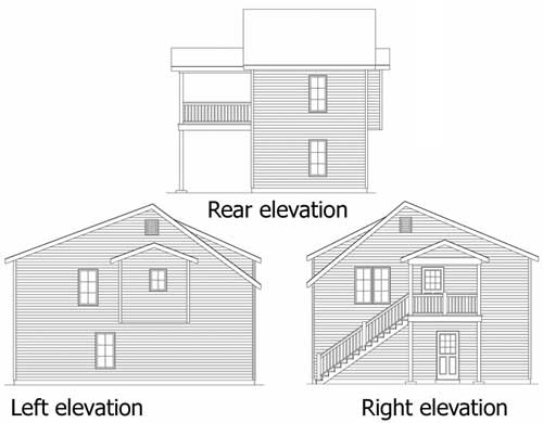 Front, rear, left, and right elevations of a two-story house plan with a prominent gable roof and exterior staircase.