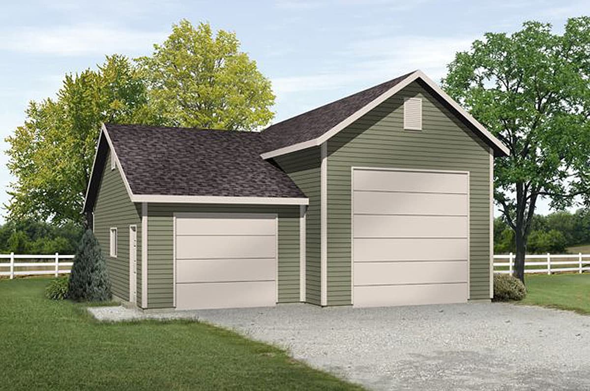 House plan exterior: Two-car garage with a single-car garage attached, siding, gable roof, and light-colored doors.