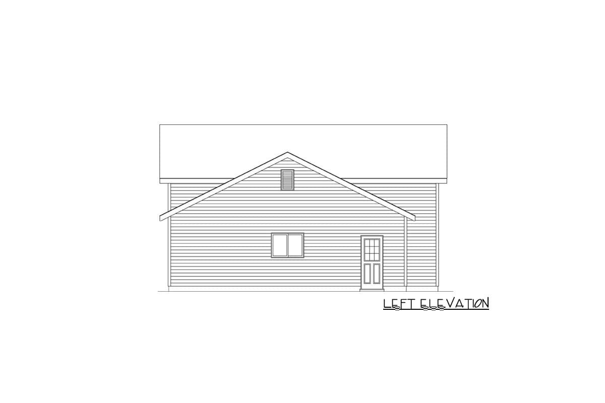 Left elevation drawing of house plan with siding, gable roof, window, and door.