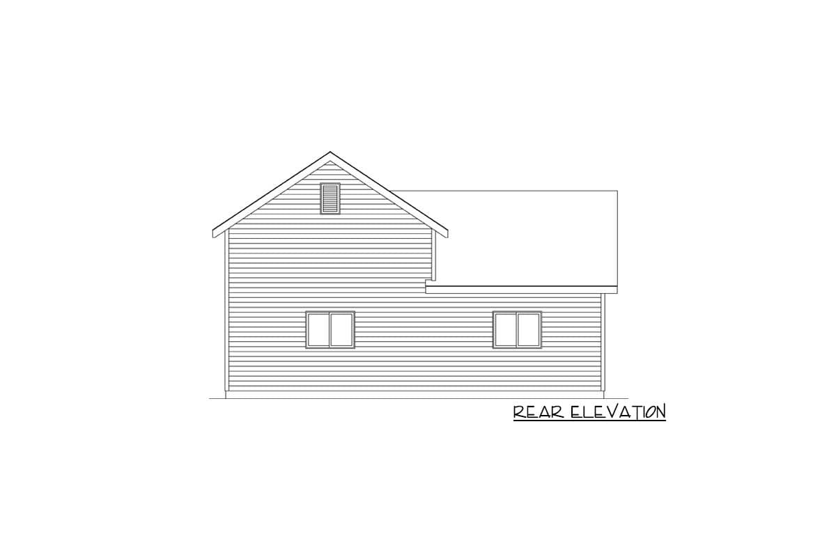 Rear elevation drawing of a house plan with horizontal siding, a gable roof, and two windows.