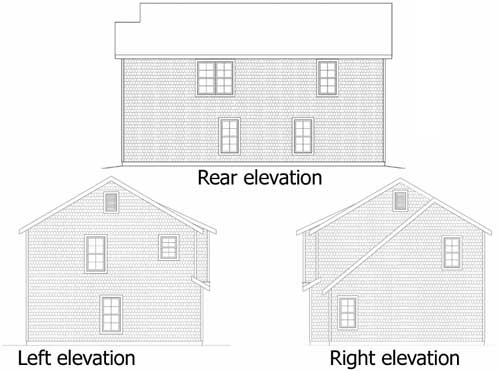 House plan: rear elevation, left elevation, and right elevation drawings showing a two-story structure with a gambrel roof.