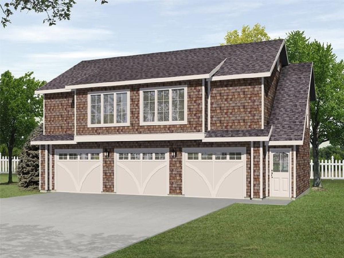 House plan exterior view of a two-story home with shake siding, three garage doors, and prominent rooflines.