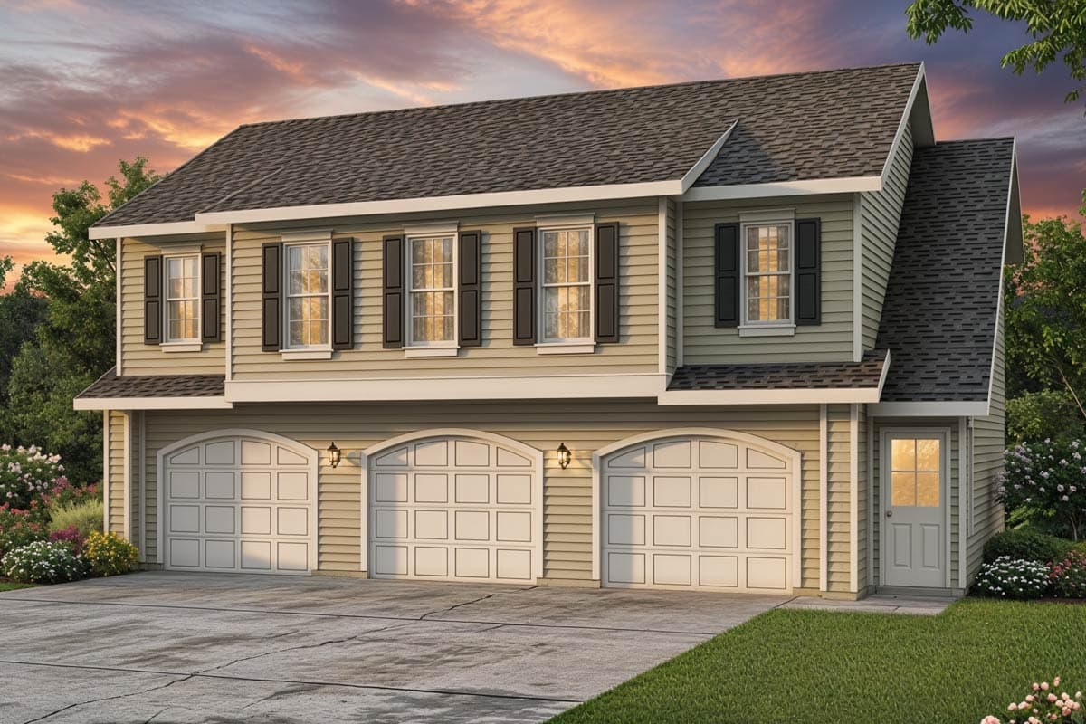 House plan exterior with three-car garage, two stories, and arch-top garage doors.