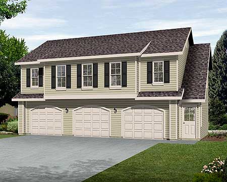 House plan exterior: two-story duplex with three-car garage, gables, and dormers.