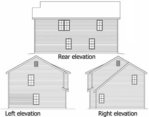 Rear, left, and right elevation drawings of a two-story house plan with horizontal siding and multi-pane windows.
