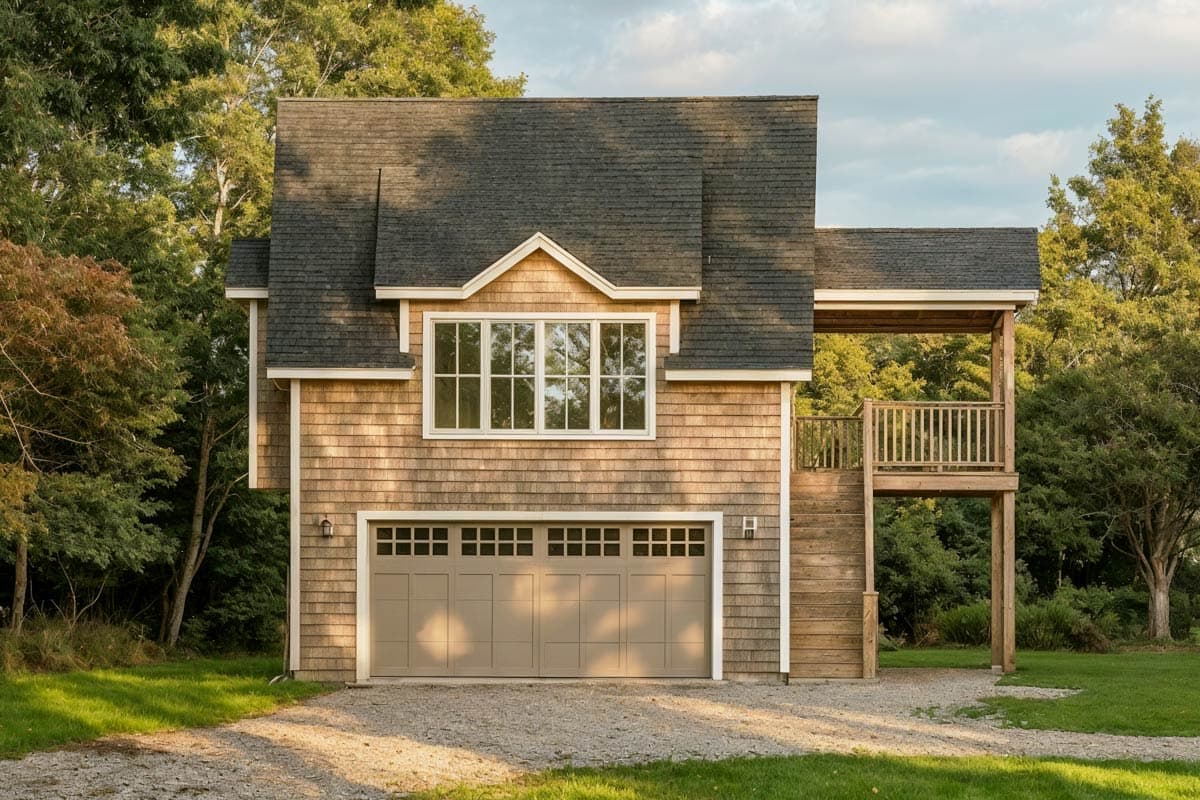 House plan exterior: Two-story building with shingle siding, double garage door, and raised wooden deck with stairs.