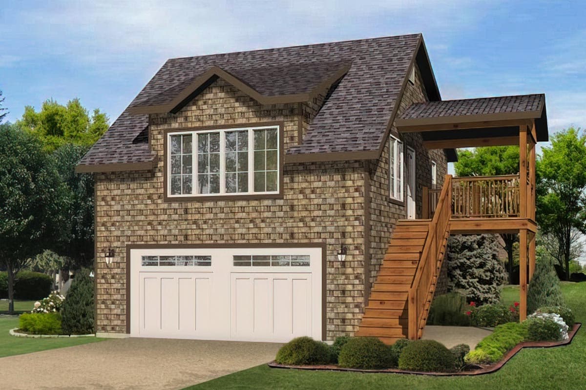 House plan exterior: Two-story building with shingle siding, double garage door, and raised wooden deck with stairs.