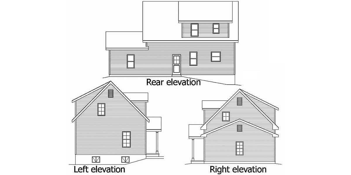 Architectural house plan elevations showing front, rear, and side views of a two-story home with gabled dormers and a prominent roofline.