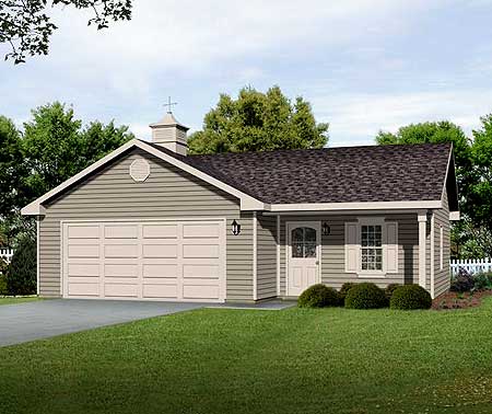 House plan exterior of a one-story home with a two-car garage, gable roof, cupola, and front entry porch.