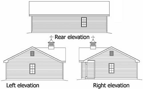 Rear, left, and right elevations of a one-story house plan with gabled roofs, lap siding, and a cupola.