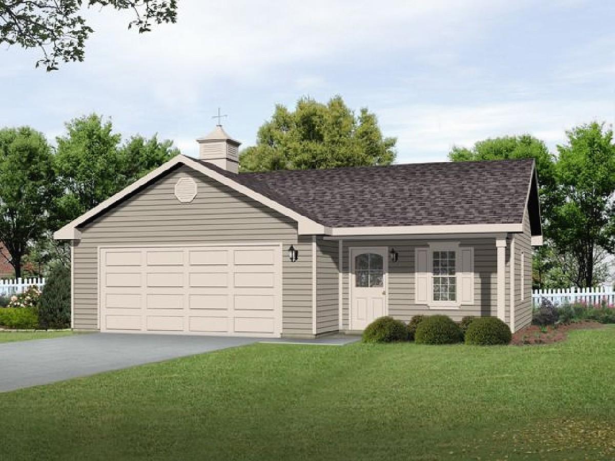 House plan exterior: One-story building with a two-car garage, gable roof, dormer, and cupola.