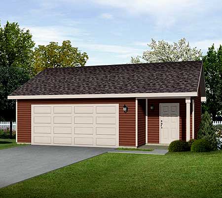 House plan exterior for a one-story garage with a two-door entrance and a single garage door.