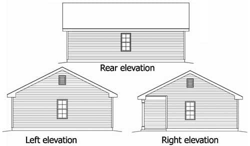 Floor plan drawing showing rear, left, and right elevations of a one-story house with gabled roofs and a single window on each side.