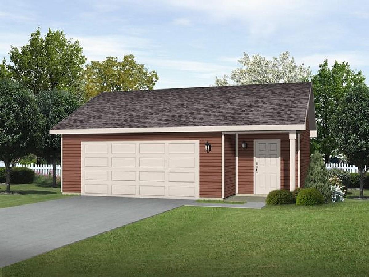 House plan exterior with a two-car garage, gabled roof, front entrance porch with two columns, and dark brown siding.