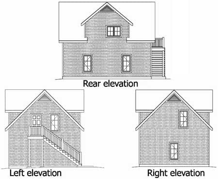 Rear, left, and right elevations of a two-story house plan featuring shingle siding, a gable roof, and exterior stairs on the left.