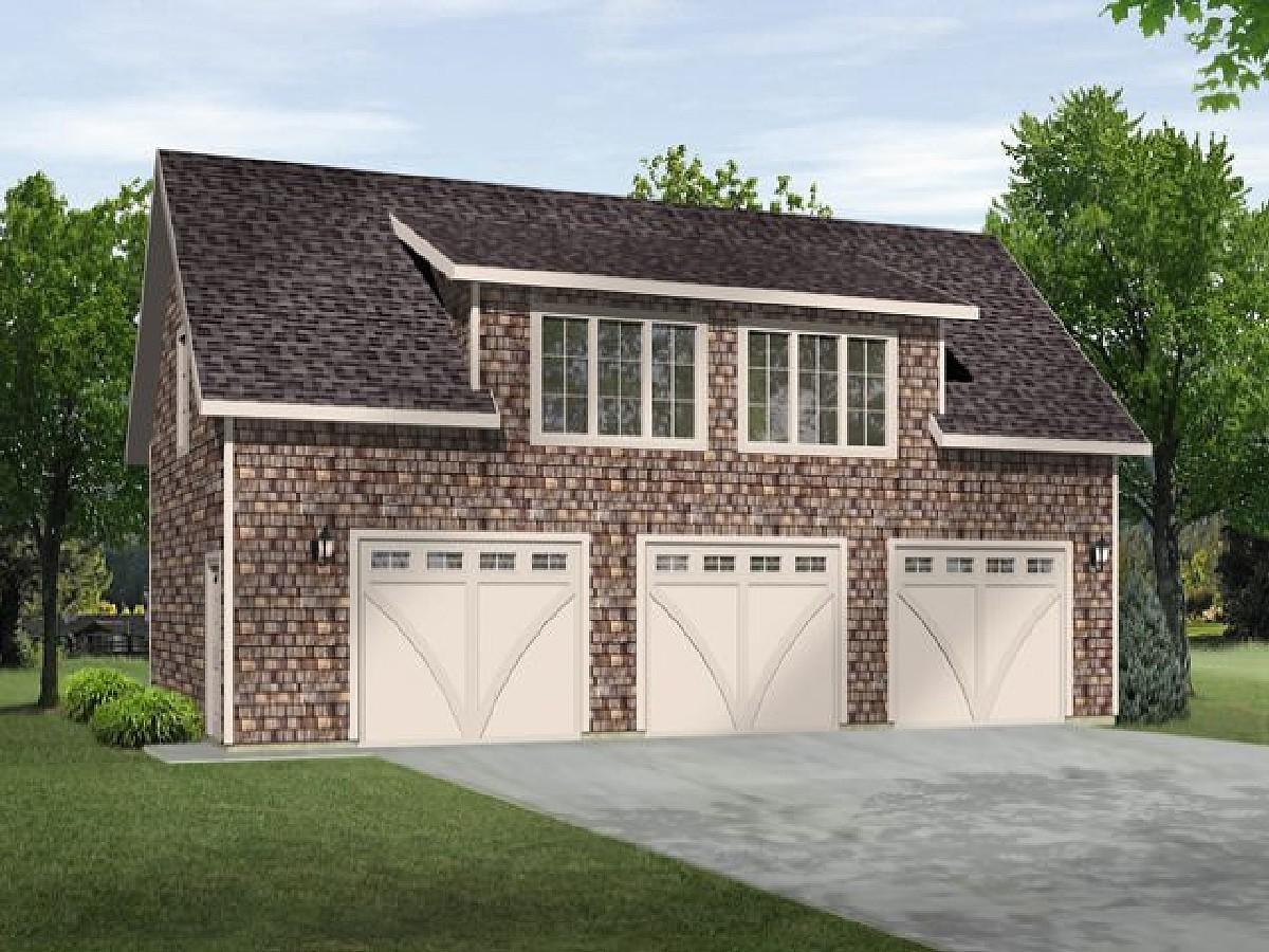 House plan exterior with three garage doors, shingle siding, and a dormer above the center bay.