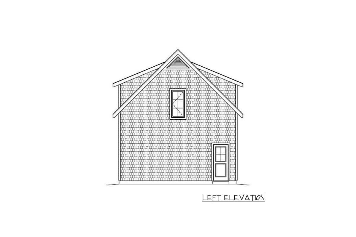 Left elevation house plan shows a two-story structure with shingle siding, a gable roof, one window, and a single door.