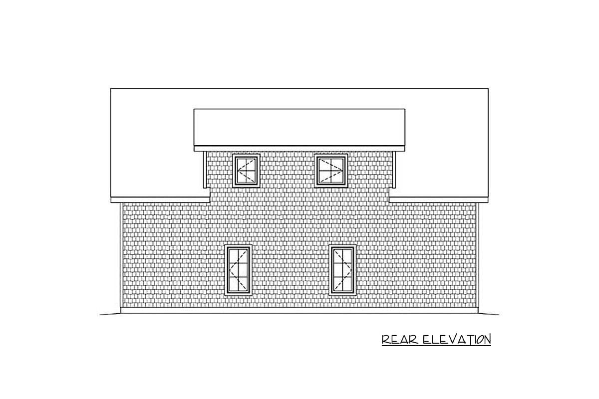 Rear elevation drawing of a two-story house with brick siding and four windows, two on each level.