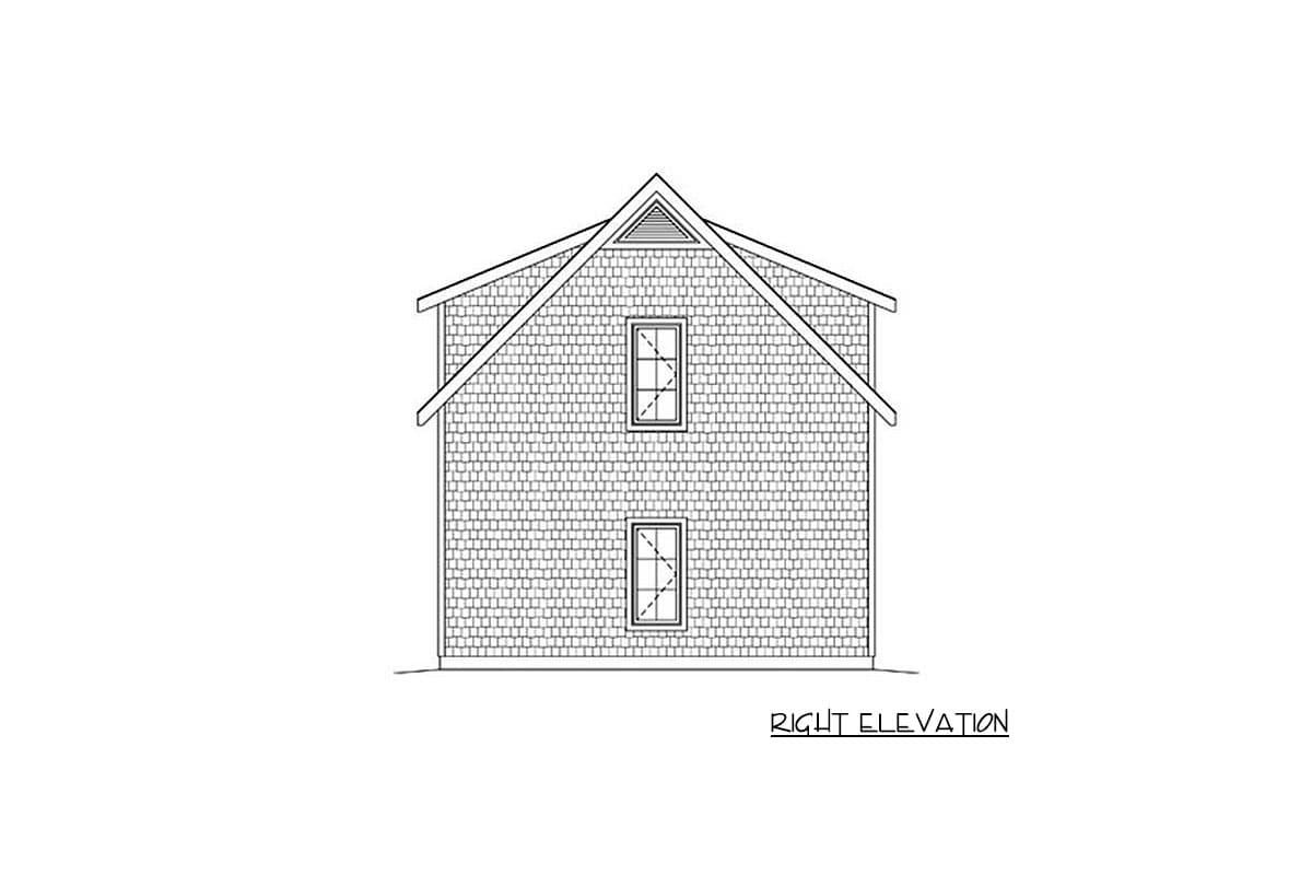 Right elevation drawing of a two-story house plan with shingle siding, gable roof, and two windows.