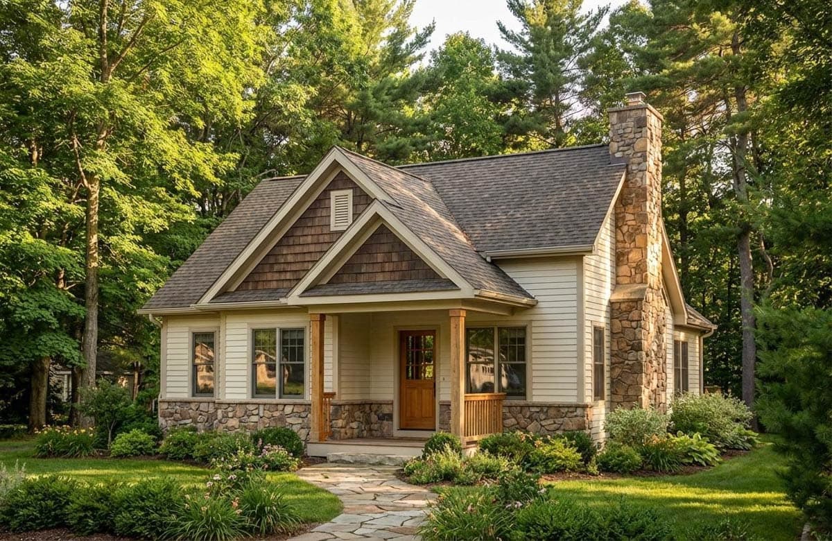 Craftsman style house plan exterior with stone base, shingle gable accents, covered porch, and stone chimney.
