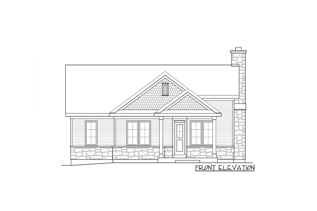 Front elevation drawing of a single-story house with a gabled roof, stone foundation, covered porch, and prominent chimney.