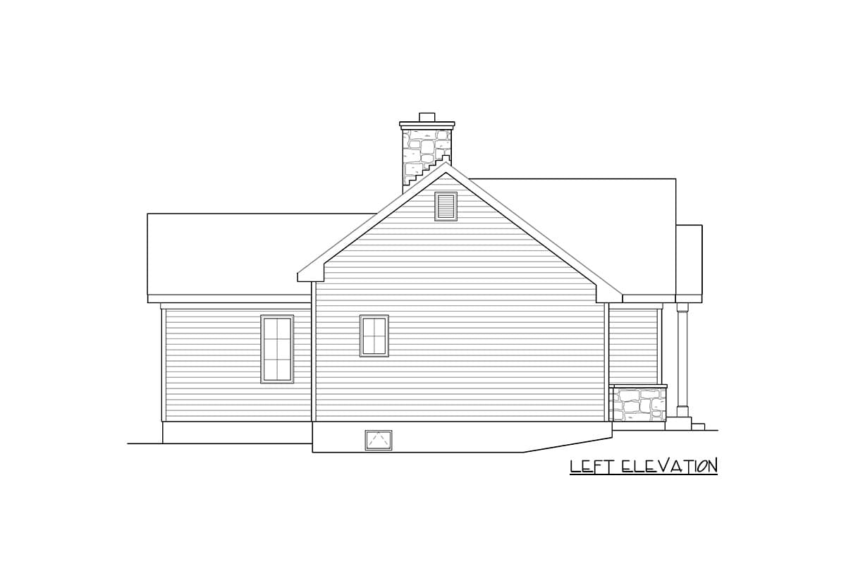 Left elevation drawing of a house plan showing siding, a gabled roof, chimney, dormer, and porch.