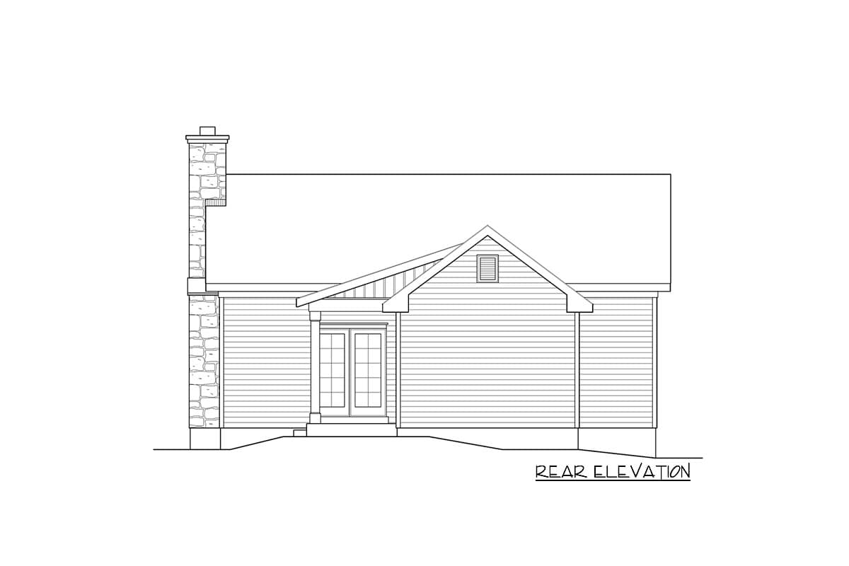 Rear elevation house plan drawing with stone chimney, gable, and double doors.