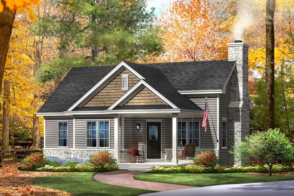 House plan exterior. One-story Cottage with gable roof, front porch, stone chimney, and shake siding on the gables.