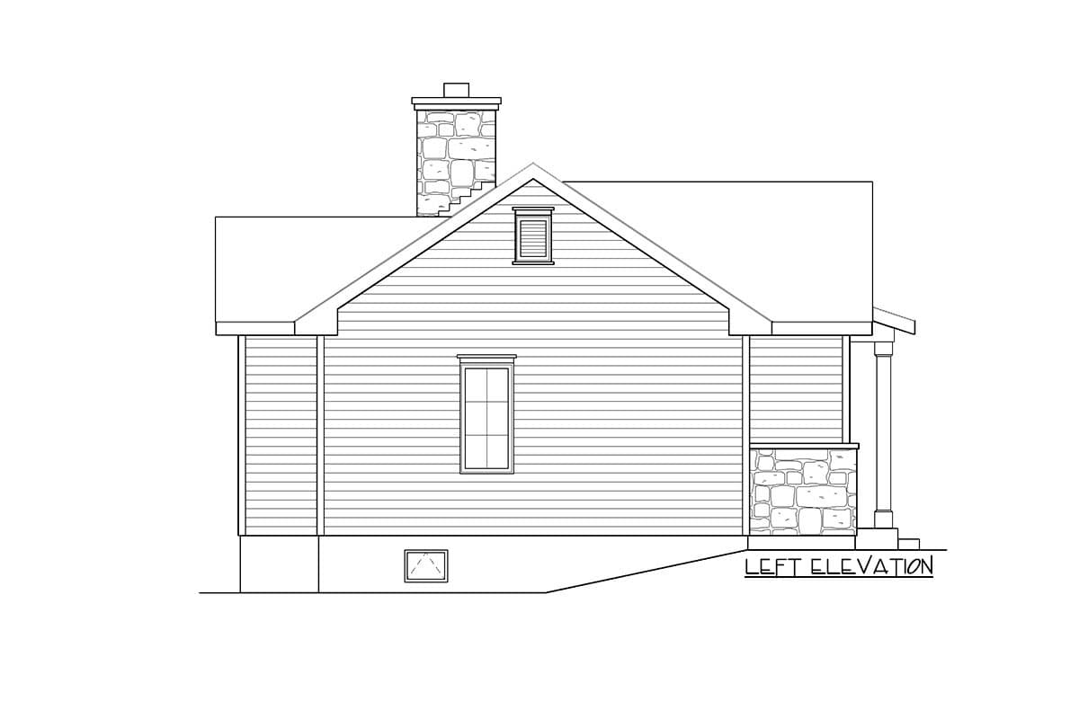 Left elevation house plan showing siding, stone foundation, dormer, window, and chimney.