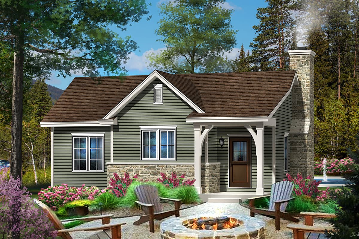 House plan exterior: One-story Craftsman home with horizontal siding, stone foundation, covered front porch, gabled dormer, and stone chimney.