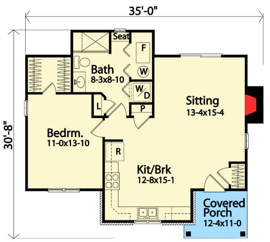 Plan 22119SL: One Bed Cottage With Fireplace  - Floor Plan - Main Level - Cottage
