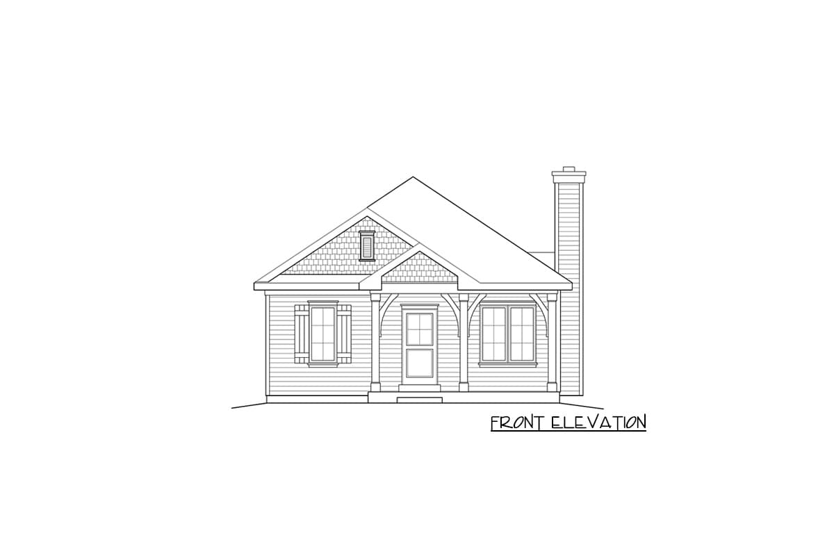 Front elevation of a one-story house plan with a covered porch, decorative gables, and a prominent chimney.