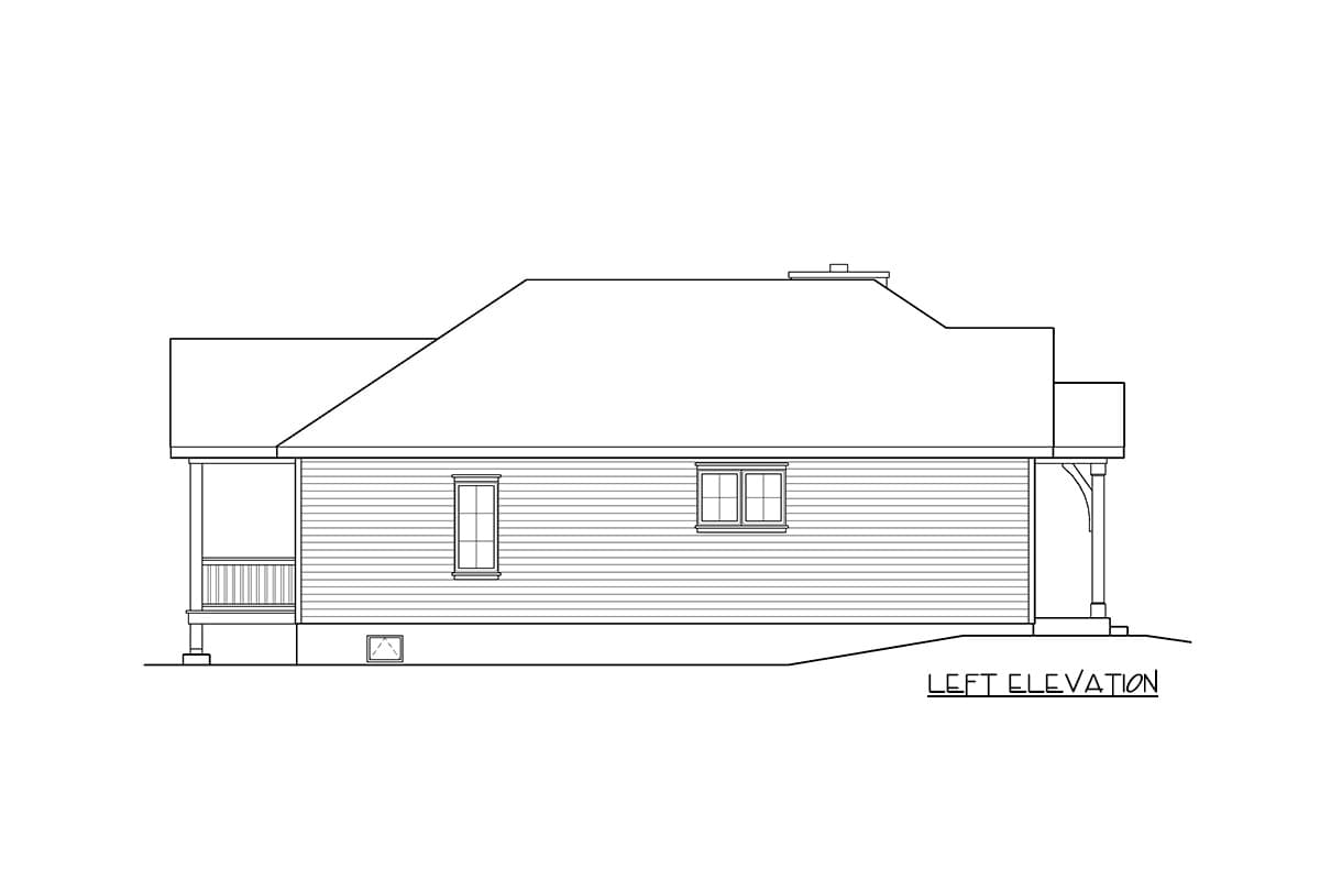 Left elevation of a one-story house plan showing a covered porch, horizontal siding, and two windows.