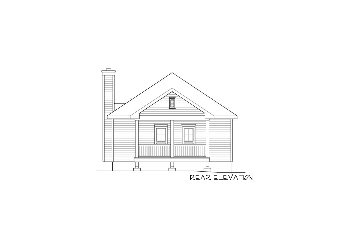 Rear elevation drawing of a house plan featuring a gabled roof, porch, and chimney.