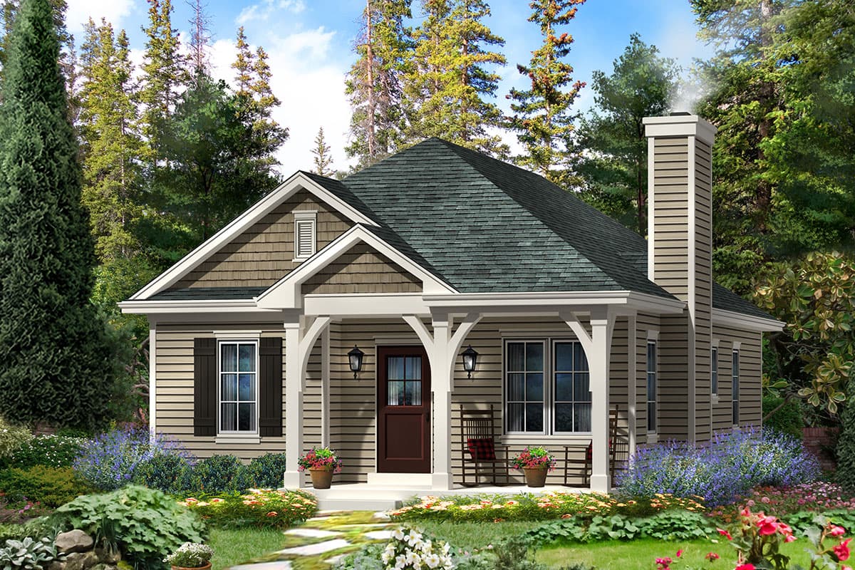 Cottage style house plan exterior, one story, with a covered front porch featuring arched supports, prominent chimney, and shingle siding.