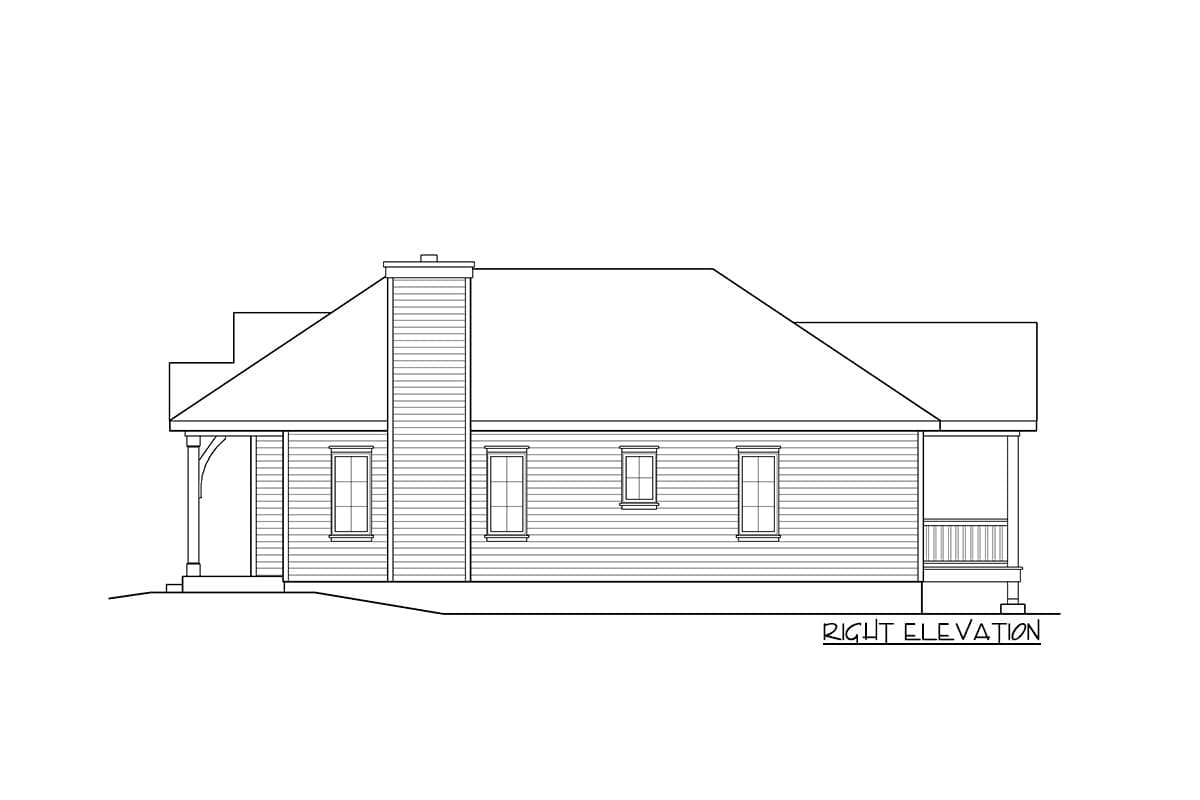 Right elevation house plan showing a pitched roof, prominent chimney, front porch with curved support, and multiple windows.