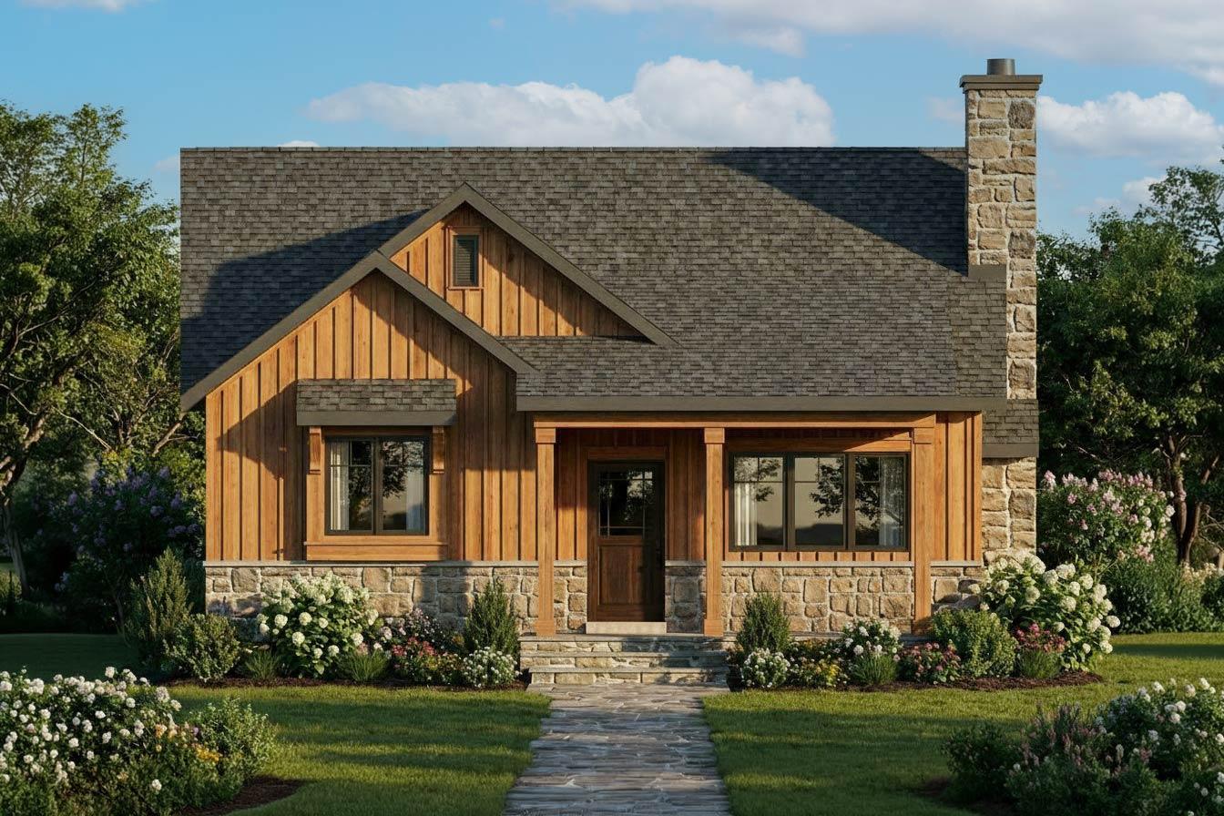 House plan exterior: One-story Craftsman style with stone foundation, front porch with square columns, and prominent gables.