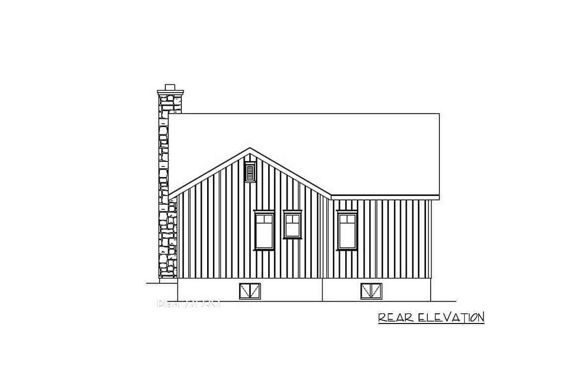 Rear elevation drawing of house plan with stone chimney, vertical siding, and multiple windows.
