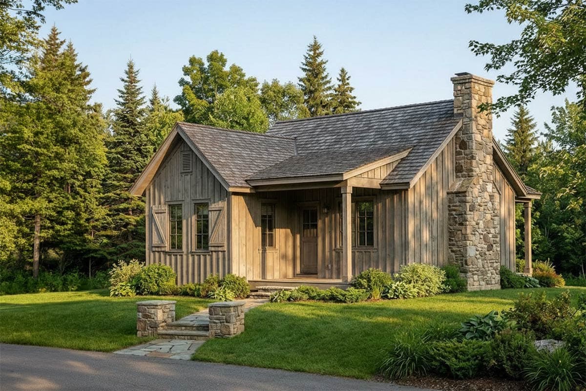 Modern Farmhouse house plan exterior with gabled roof, stone chimney, board-and-batten siding, and covered porch.