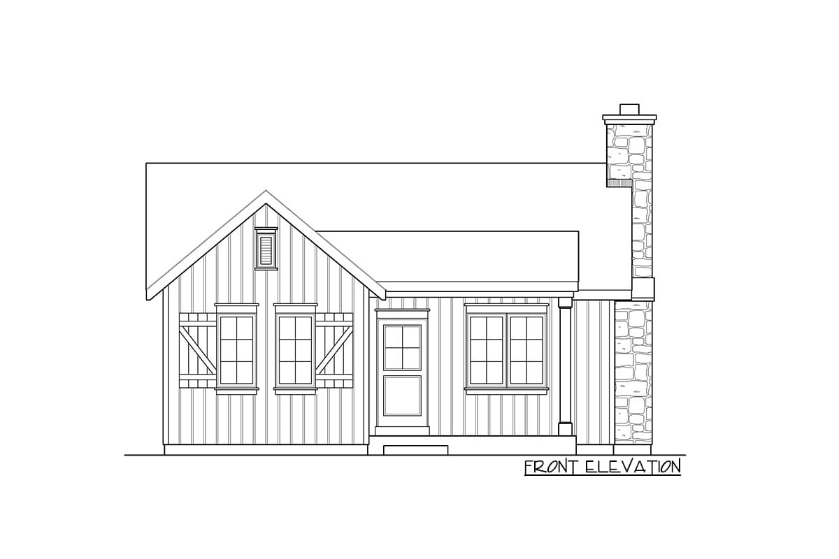 Front elevation house plan drawing with gabled dormer, stone chimney, porch, and board-and-batten siding.