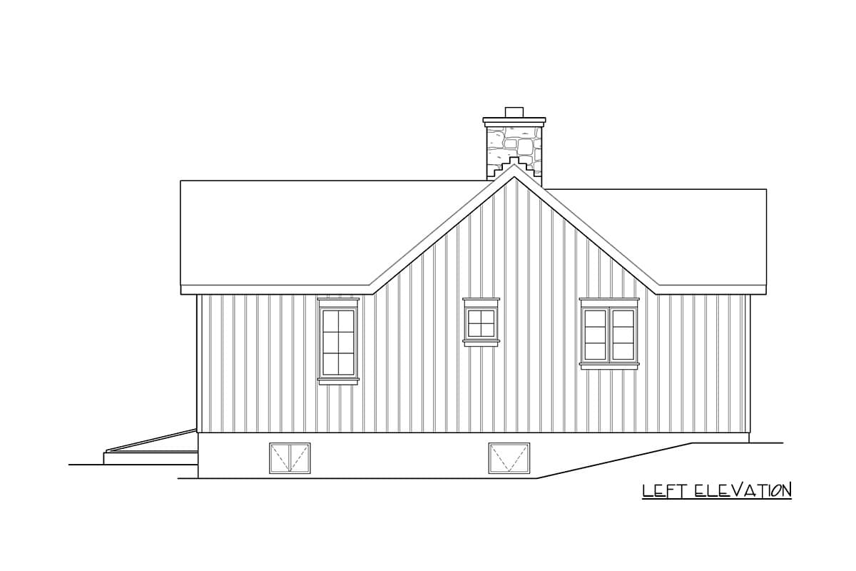 Left elevation house plan showing vertical siding, pitched roof, stone chimney, and three windows.