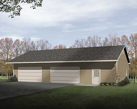 House plan exterior of a one-story building with a dark pitched roof and two overhead garage doors.