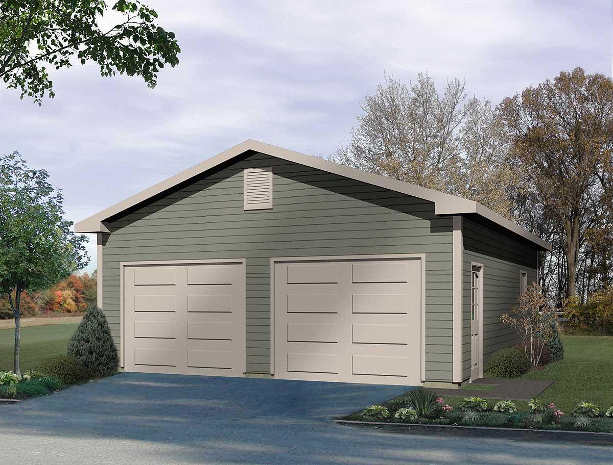 House plan exterior of a one-story garage with two garage doors, a gable vent, and a side door.