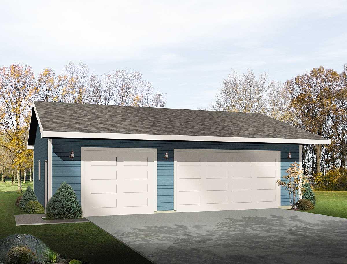 House plan exterior. Two-car garage with gabled roofline and horizontal siding. Features include two garage doors and side-mounted entry lights.