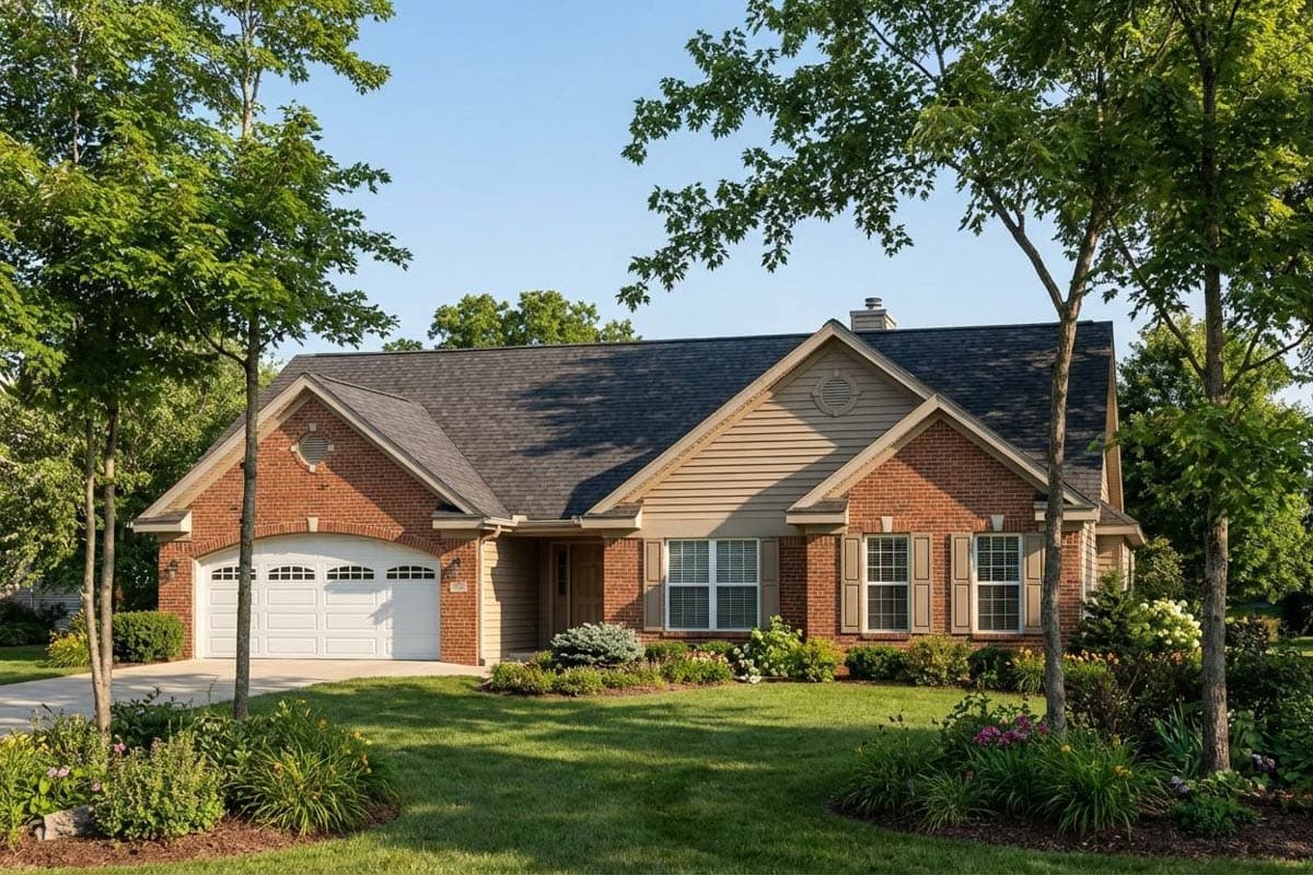 Ranch style house plan exterior with brick facade, attached two-car garage, gable dormer, and covered entryway.