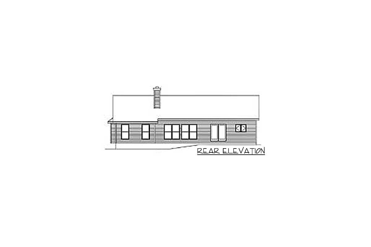 Rear elevation drawing of a house plan showing multiple windows, a sliding glass door, and a chimney.