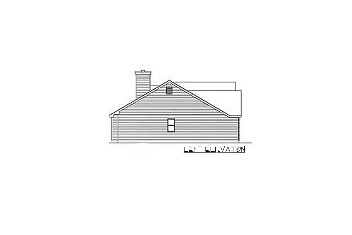 Left elevation drawing of a house with horizontal siding, a gable end vent, a single window, and a chimney.