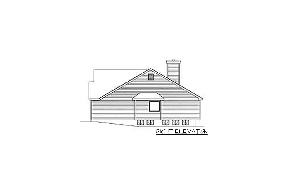 Right elevation drawing of a house plan featuring horizontal siding, a prominent gable roof, and a chimney.